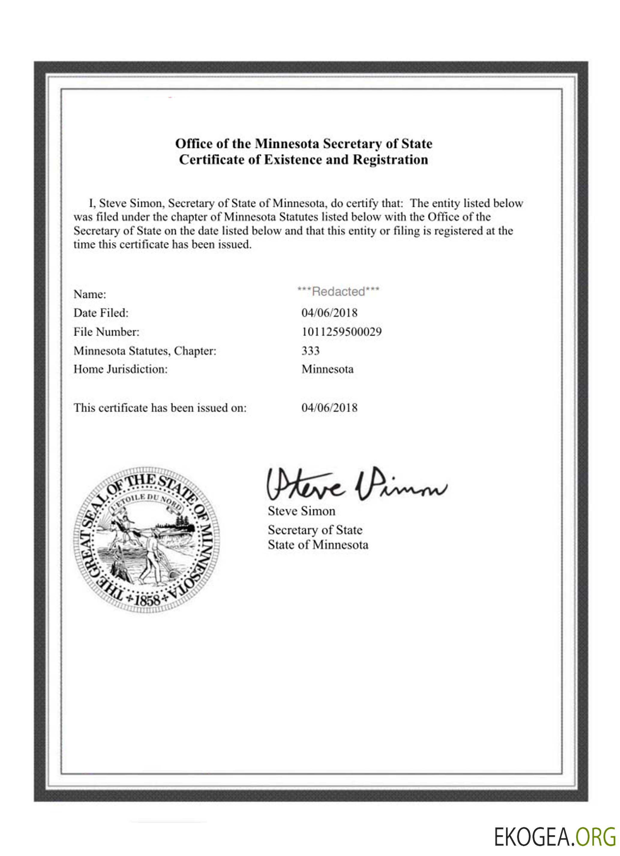 Certificat de bonne réputation du Minnesota aux États Unis